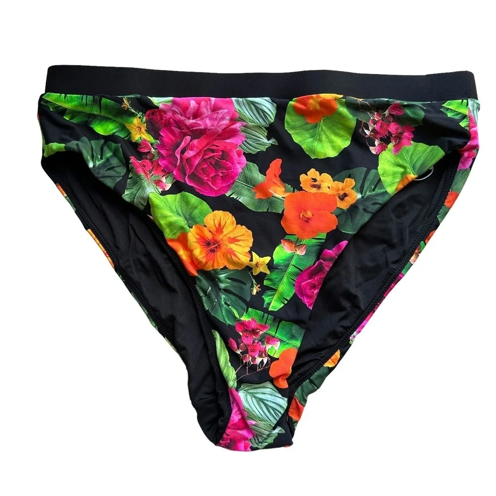 andie swim the banded cheeky bottom in black and pink floral, women size medium